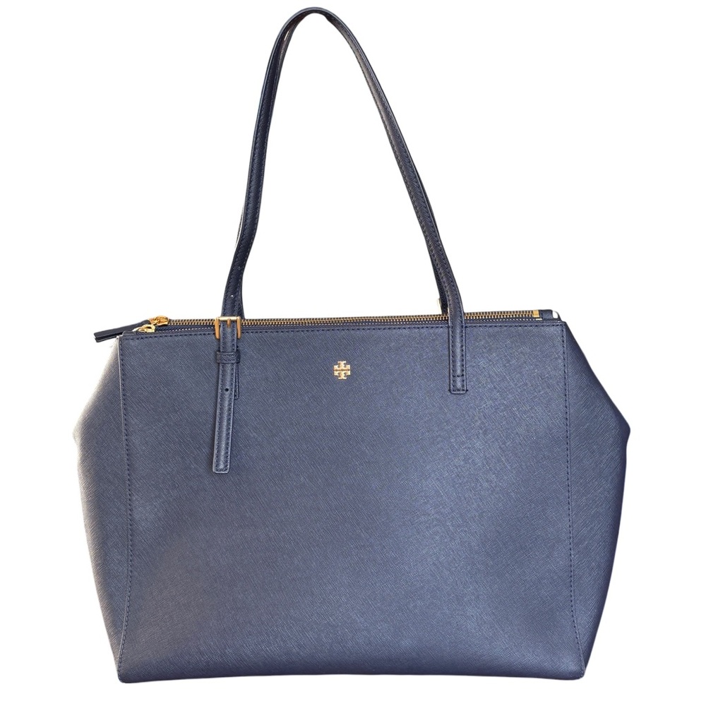 Tory Burch Emerson Navy Large Double Zip Leather Tote Bag
